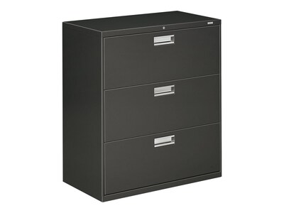 HON Brigade 600 Series 3-Drawer Lateral File Cabinet, Locking, Charcoal, Letter/Legal, 36W (H683.L.