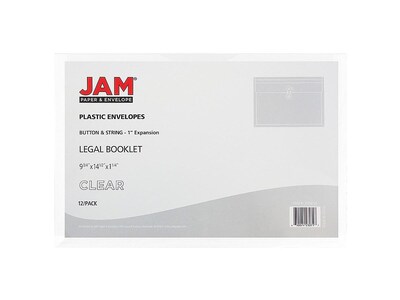 JAM Paper Poly Envelope with Button & String Tie Closure, 1" Expansion, Legal Size, Clear, 12/Pack (219B1CL)