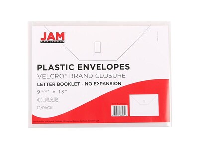 JAM Paper Poly Envelope with Hook & Loop Closure, Letter Size, Clear, 12/Pack (218V0CL)
