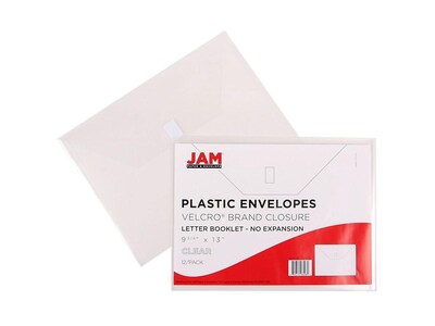 JAM Paper Poly Envelope with Hook & Loop Closure, Letter Size, Clear, 12/Pack (218V0CL)