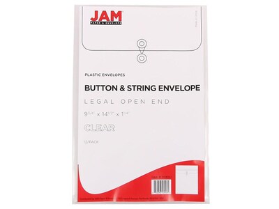 JAM Paper® Plastic Envelopes with Button and String Tie Closure, Legal Size, Clear, 12/Pack (119B1CL)