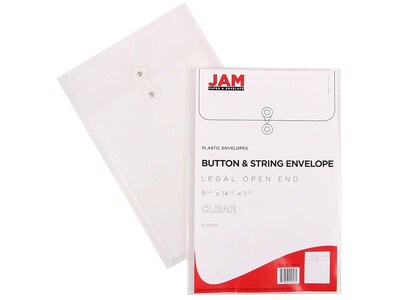 JAM Paper® Plastic Envelopes with Button and String Tie Closure, Legal Size, Clear, 12/Pack (119B1CL)