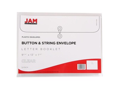 JAM Paper Poly Envelope Button & String Tie Closure, 1" Expansion, Letter Size, Clear, 12/Pack (218B1CL)