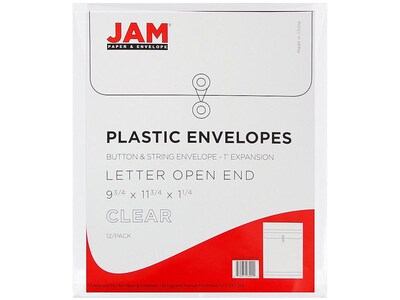 JAM Paper Poly Envelope Button & String Tie Closure, 1" Expansion, Letter Size, Clear, 12/Pack (118B1CL)