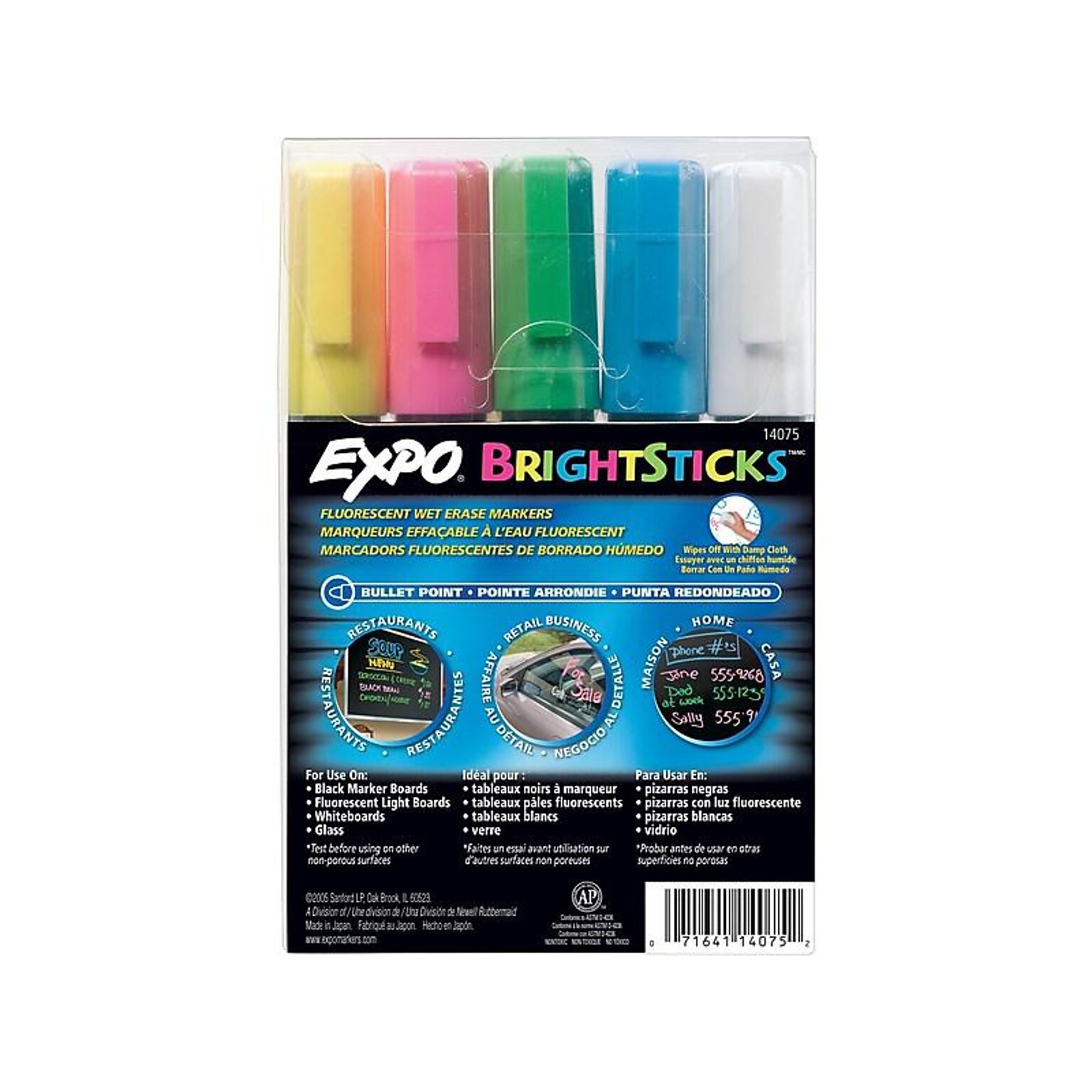 Expo BrightSticks Wet Erase Markers, Bullet Tip, Assorted, 5/Pack (14075)