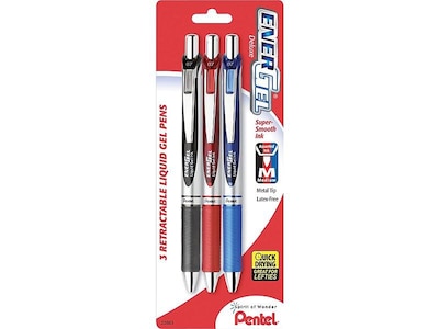 Pentel EnerGel Deluxe RTX Retractable Gel Pens, Medium Point, Assorted Ink, 3 Pack (BL77BP3M)