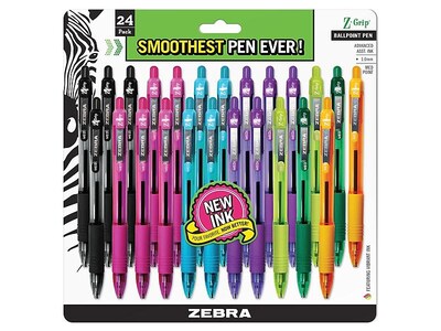 Zebra Z-Grip Retractable Ballpoint Pen, Medium Point, Assorted Ink, 24/Pack (12271)