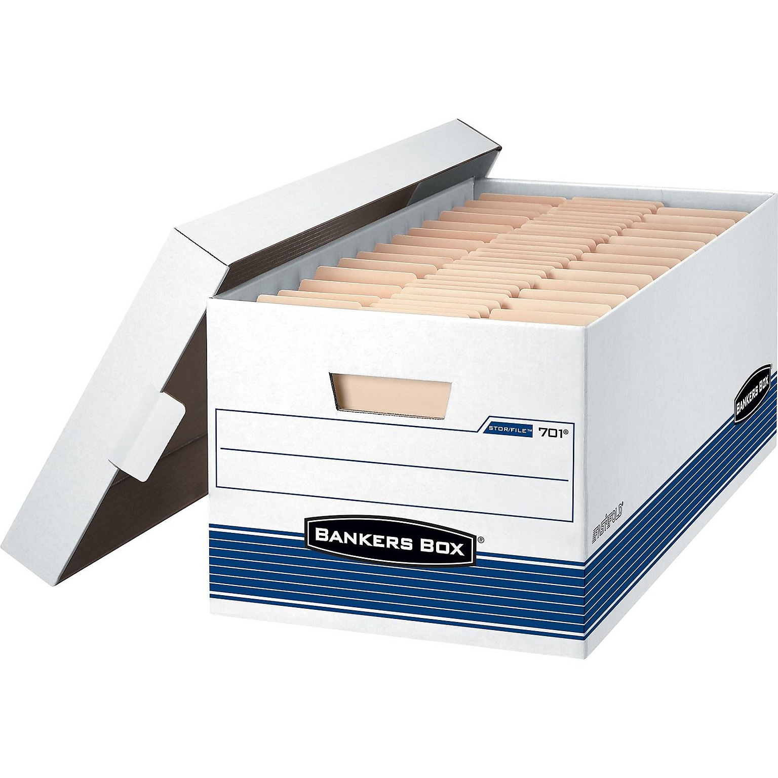 Bankers Box Medium-Duty FastFold Corrugated File Storage Boxes, Lift-Off Lid, Letter Size, White/Blue, 12/Carton (00701)