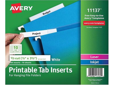 Avery Printable Tab Inserts, 1/3-Cut Tab, White, 100/Pack (11137)