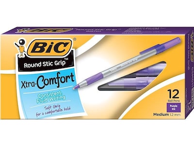 BIC Round Stic Grip Xtra Comfort Ballpoint Pens, Medium Point, Purple Ink, Dozen (16736-0)