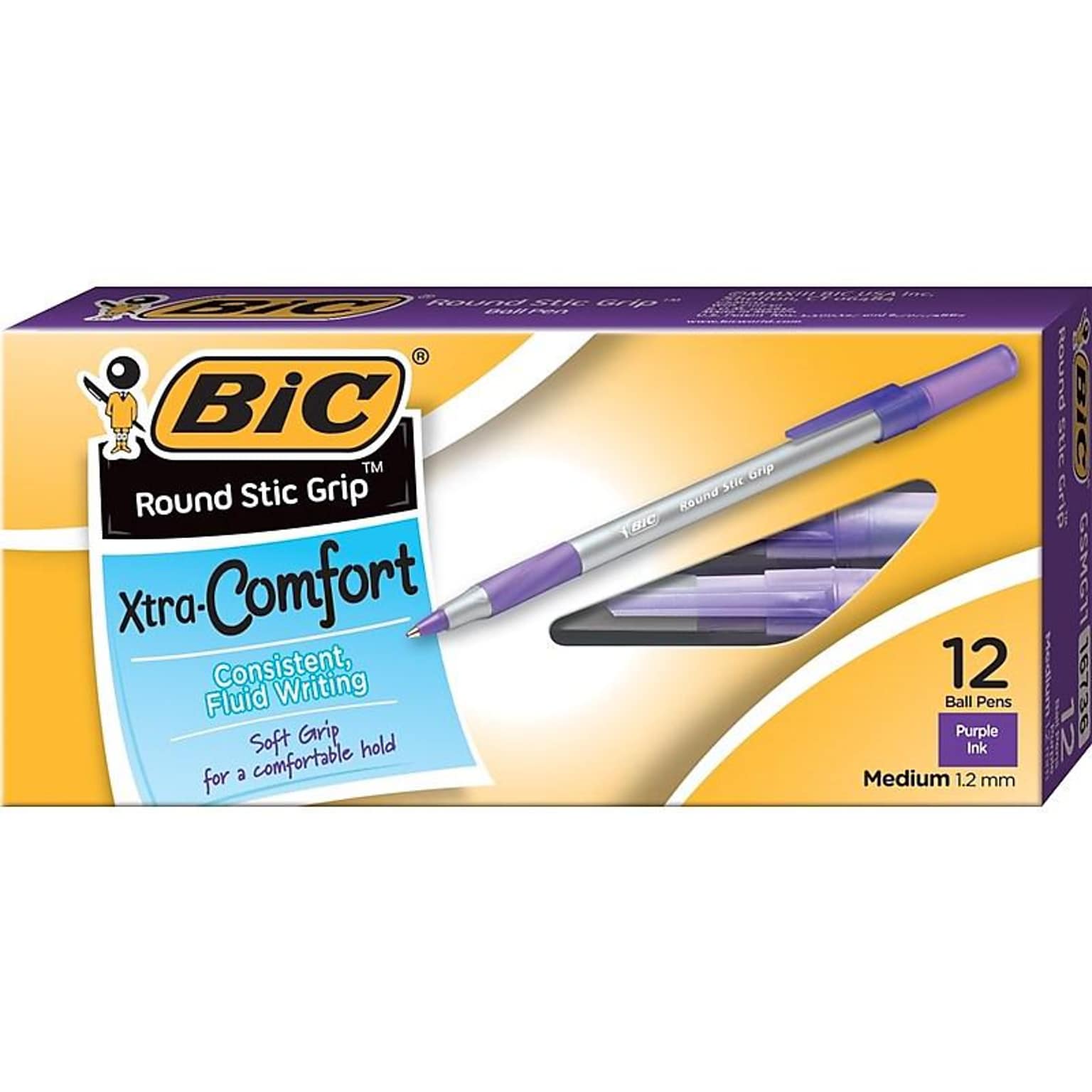 BIC Round Stic Grip Xtra Comfort Ballpoint Pens, Medium Point, Purple Ink, Dozen (16736-0)