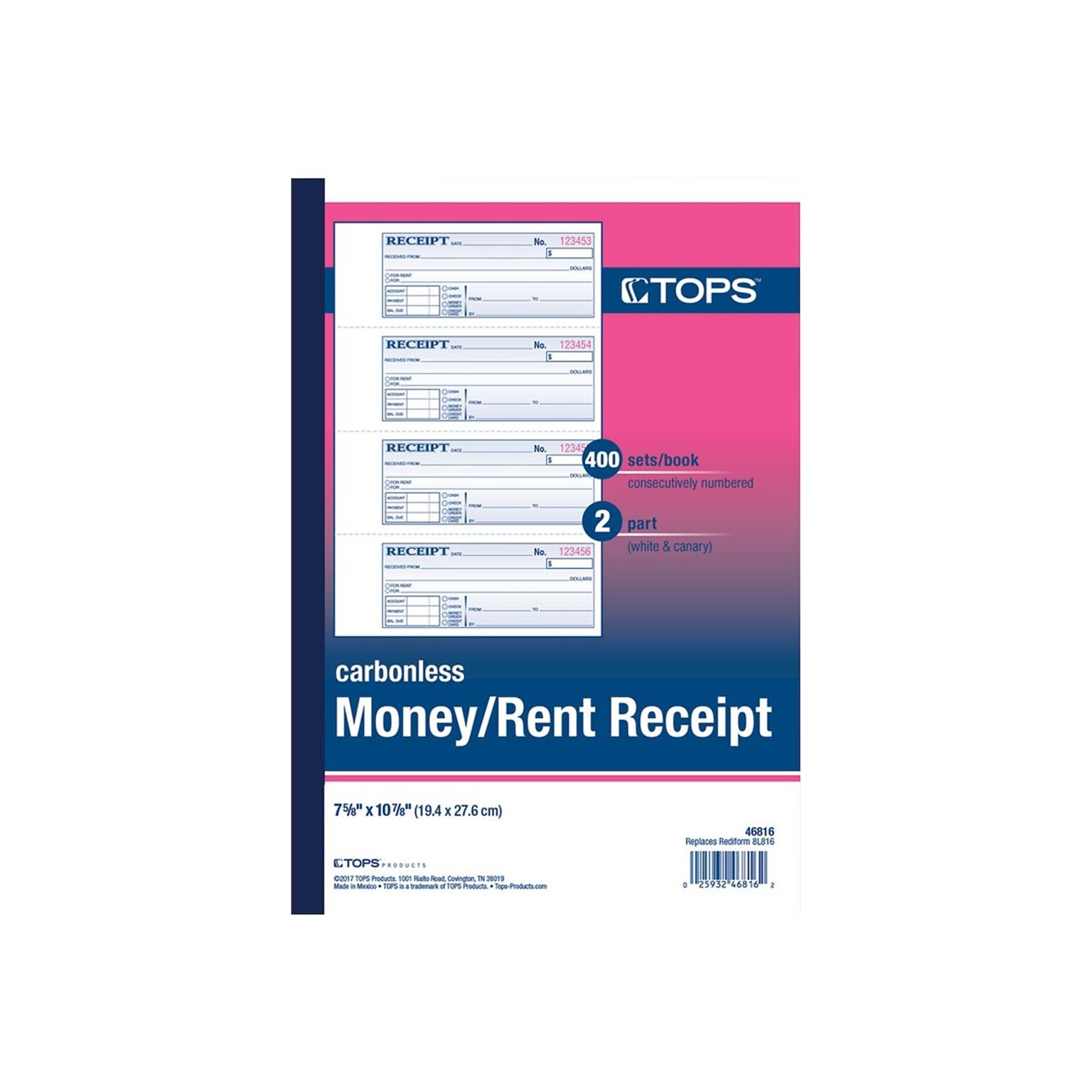 TOPS 2-Part Carbonless Receipts Book, 2.75L x 7.13W, 400 Forms/Book, Each (TOP 46816)