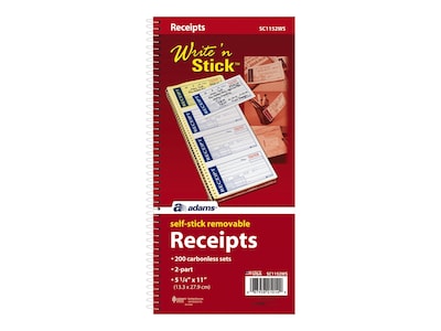 Adams Write 'N Stick 2-Part Carbonless Receipts Book, 2.75" x 4.75", White, 200 Forms/Book (SC1152WS)