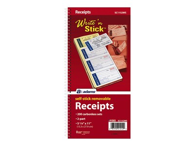 Adams Write 'N Stick 2-Part Carbonless Receipts Book, 2.75" x 4.75", White, 200 Forms/Book (SC1152WS)