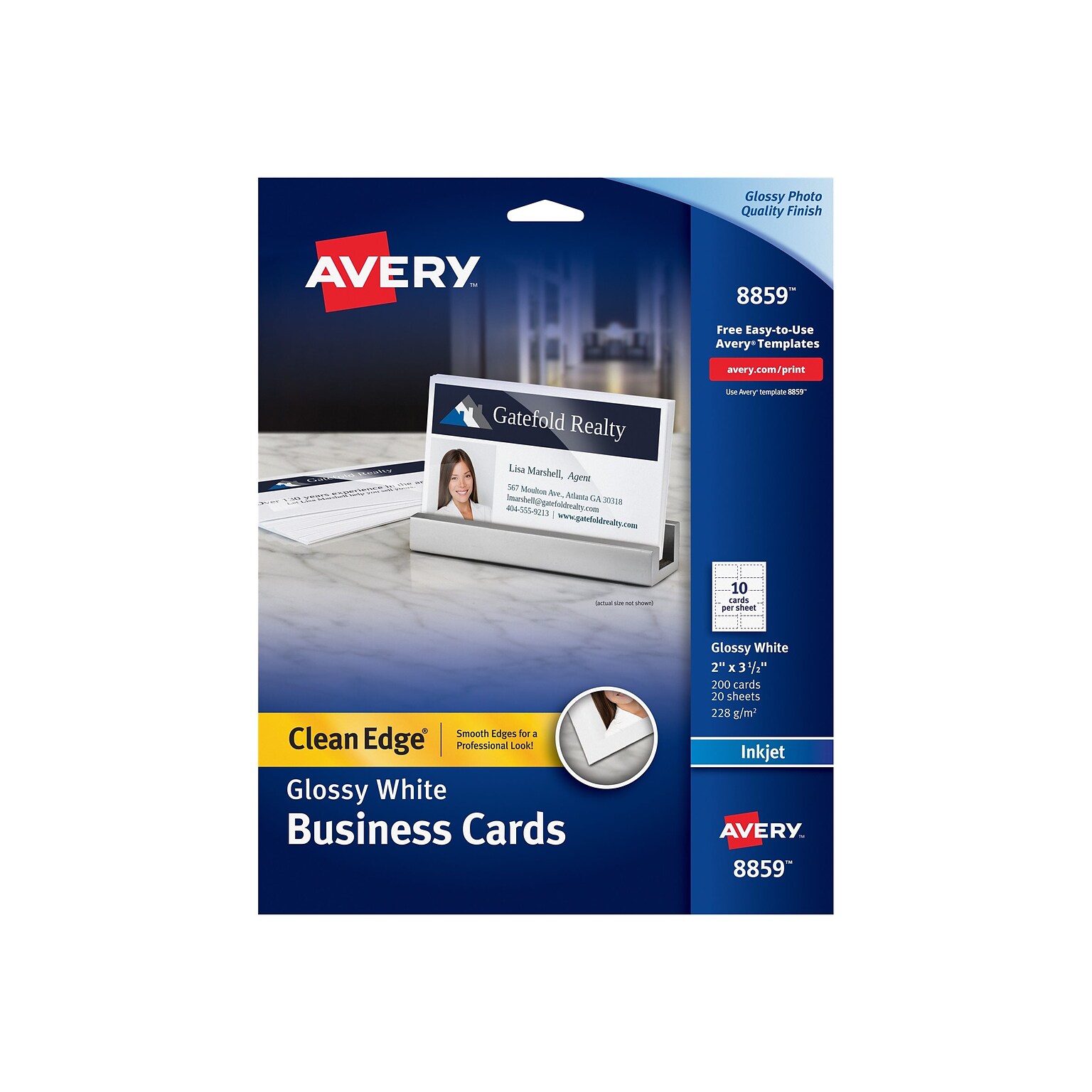 Avery Clean Edge Inkjet Business Cards, 3.5W x 2L, Glossy White, 200/Pack (8859)