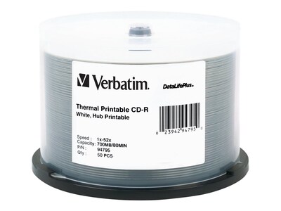 Verbatim DataLifePlus 94795 52x CD-R, White Thermal Printable, Hub Printable, 50/Pack