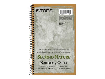TOPS Second Nature 1-Subject Notebooks, 5 x 8, Narrow Ruled, 80 Sheets, Green (74108)