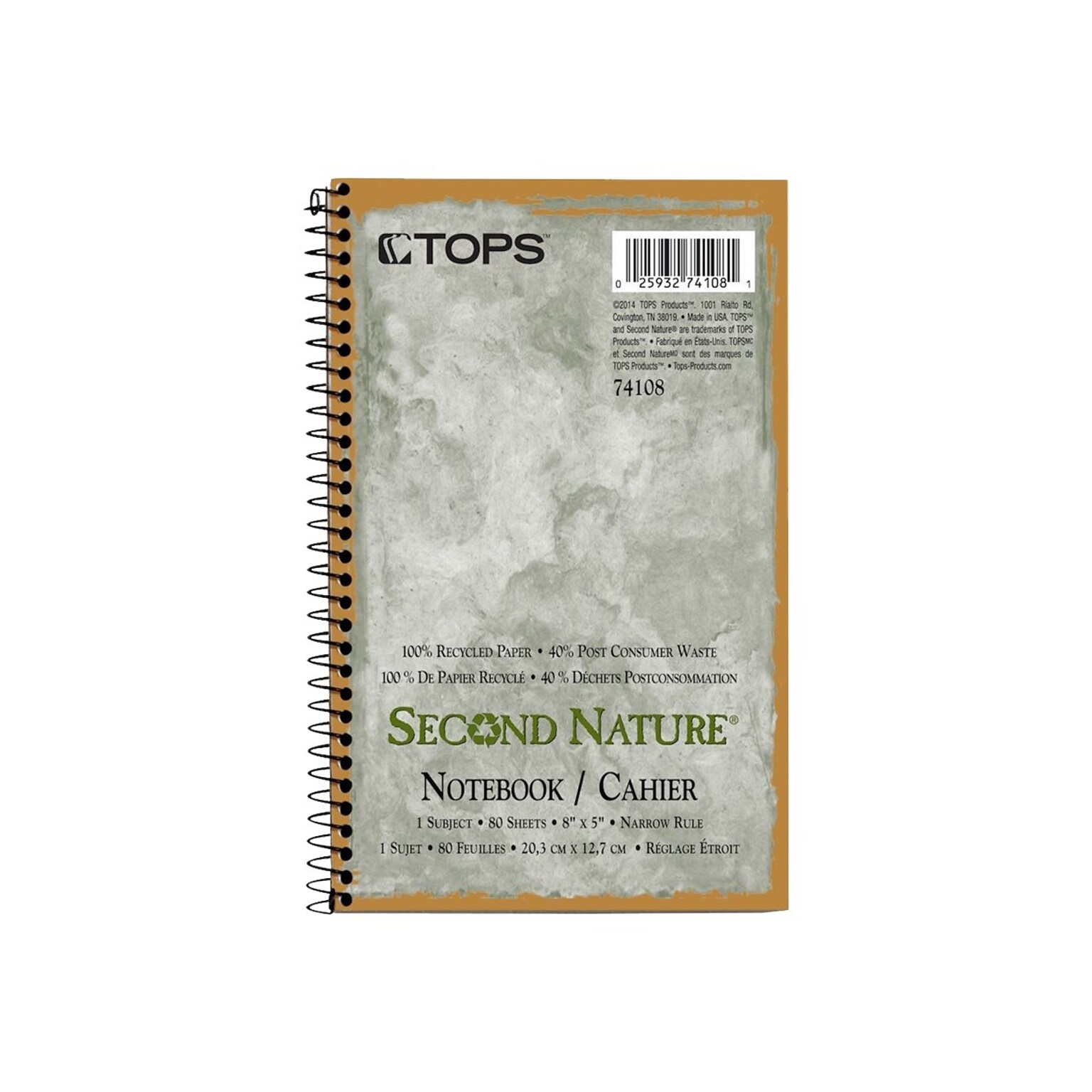 TOPS Second Nature 1-Subject Notebooks, 5 x 8, Narrow Ruled, 80 Sheets, Green (74108)