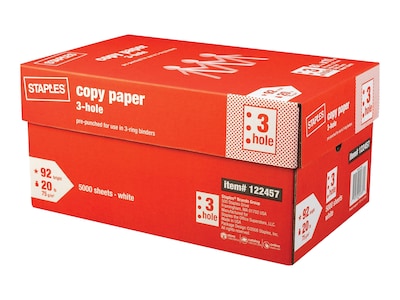 Staples 3-Hole Punch Copy Paper, 8.5 x 11, 20 lbs., 500 Sheets/Ream, 10 Reams/Carton (221192)