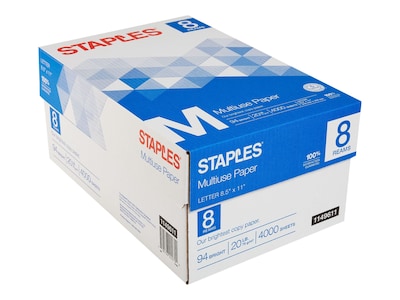 Staples Multiuse Copy Paper, 8.5 x 11, 20 lbs., 94 Brightness, 500 Sheets/Ream, 8 Reams/Carton (26