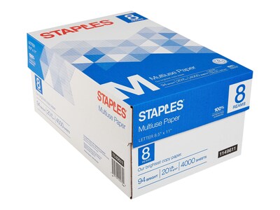 Staples Multiuse Copy Paper, 8.5 x 11, 20 lbs., 94 Brightness, 500 Sheets/Ream, 8 Reams/Carton (26