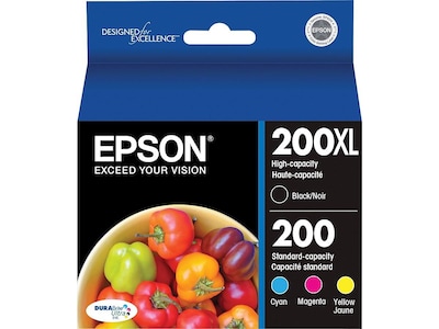 Epson T200 Black High Yield and Cyan/Magenta/Yellow Standard Yield Ink Cartridge, 4/Pack (T200XL-BCS