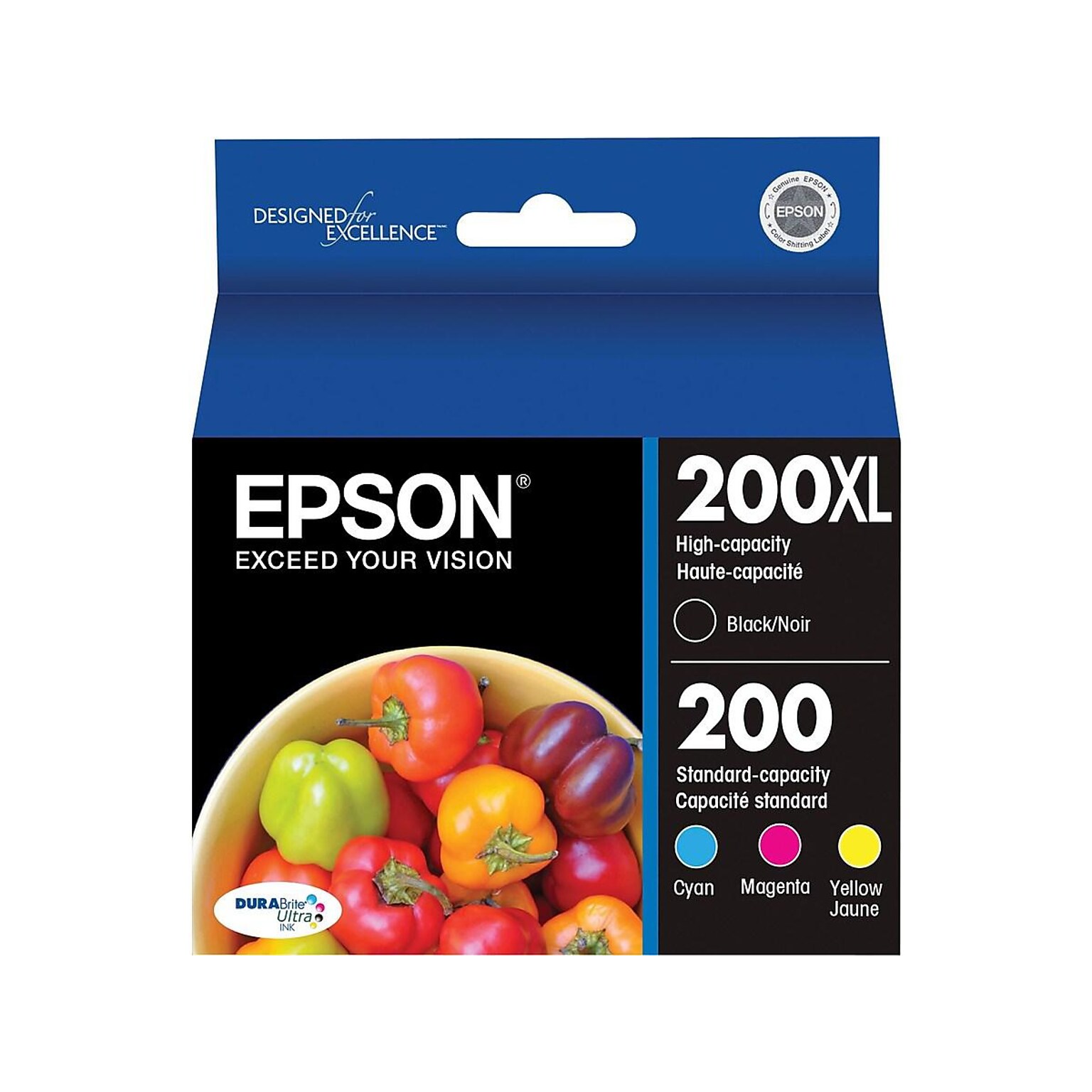 Epson T200 Black High Yield and Cyan/Magenta/Yellow Standard Yield Ink Cartridge, 4/Pack (T200XL-BCS)