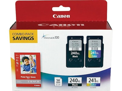 Canon 240XL/241XL Black and TriColor High Yield Ink Cartridge, 2/Pack with 4x6 photo paper (5206B005 | Quill