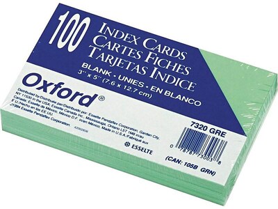 Oxford 3" x 5" Index Cards, Blank, Green, 100/Pack (7320GRE)