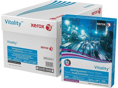 Xerox® Vitality® 8.5" x 11" 3-Hole Punch Multipurpose Printer Paper, 20 lbs., 92 Brightness, 10 Reams/Carton (3R2641)