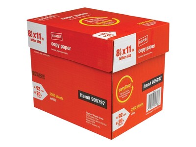 Staples Ream-Less Copy Paper, 8.5 x 11, 20 lbs., White, 2500 Sheets/Carton (20587)