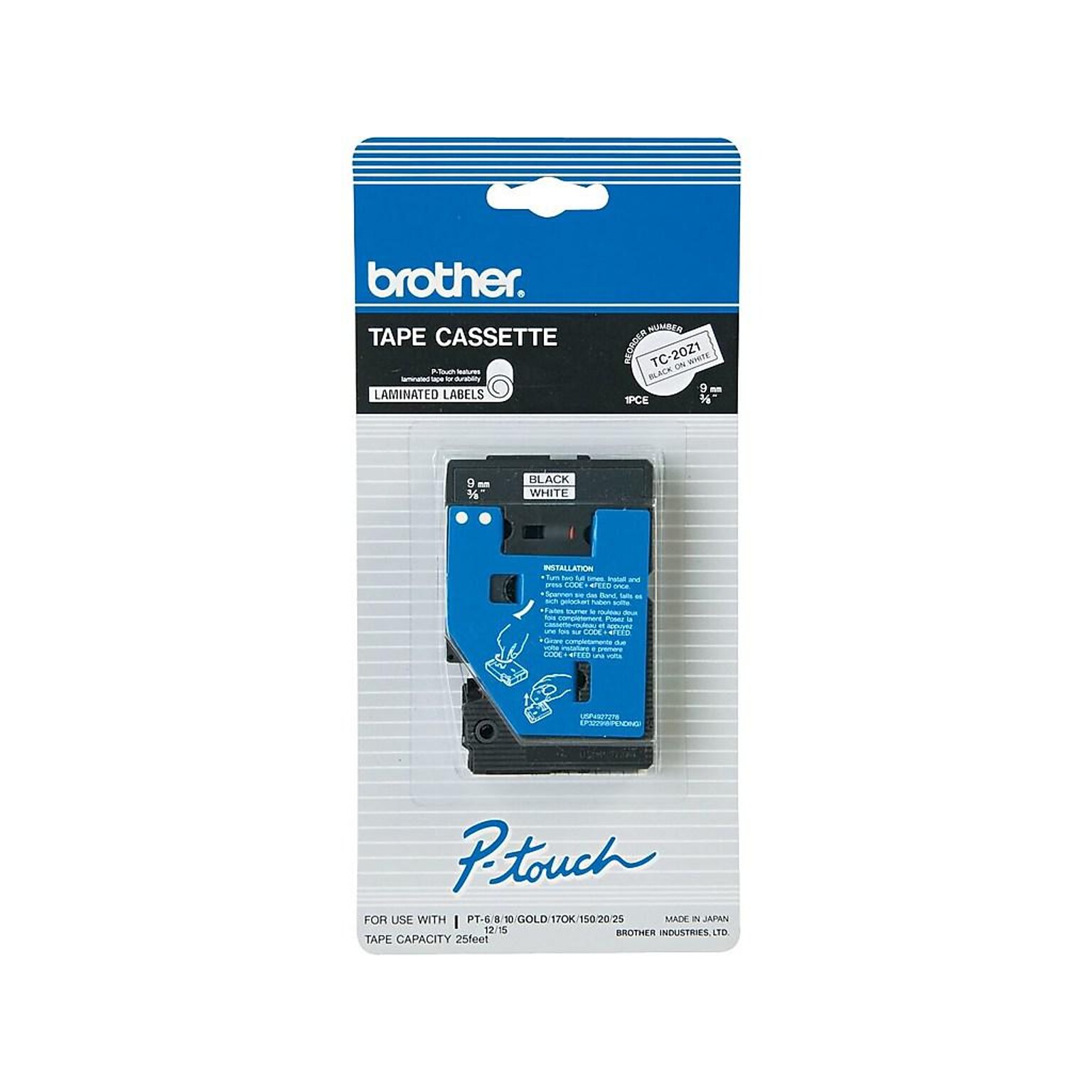 Brother P-touch TC-20Z1 Laminated Label Maker Tape, 3/8 x 25-2/10, Black on White  (TC-20Z1)
