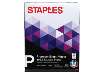 Staples Premium 8.5 x 11 Inkjet & Laser Paper, 24 lbs., 98 Bright, 500/Ream (733332)