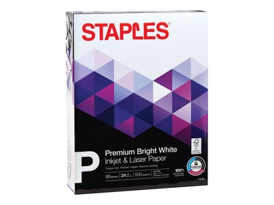 Staples Premium 8.5 x 11 Inkjet & Laser Paper, 24 lbs., 98 Bright, 500/Ream (733332)