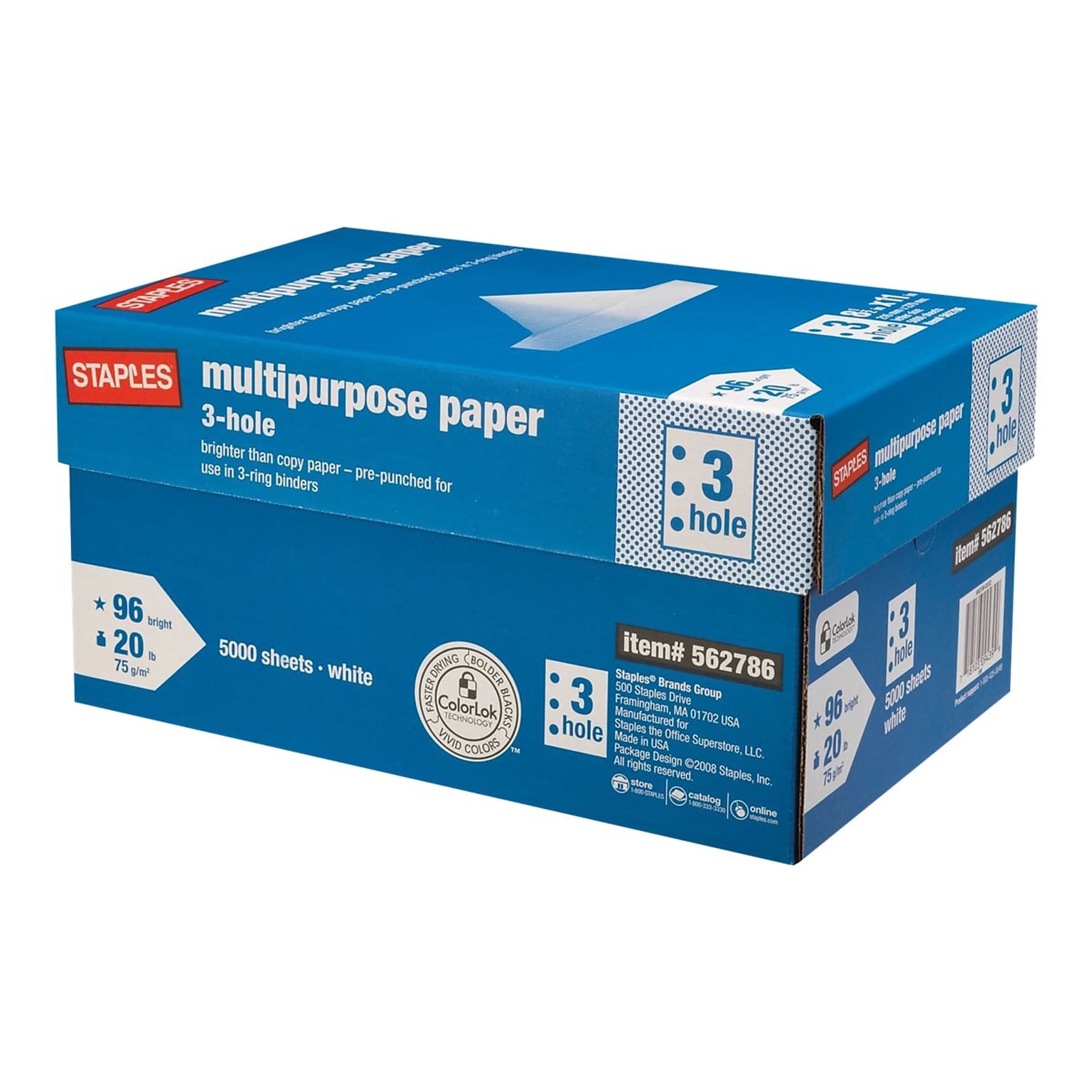 Staples 8.5 x 11 3-Hole Punch Multipurpose Paper, 20 lbs., 96 Brightness, 500/Ream, 10 Reams/Carton (05030)