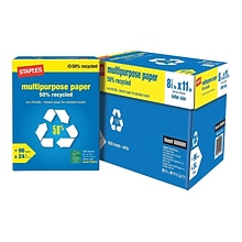 Staples 50% Recycled Multipurpose Paper, 8.5 x 11, 24 lbs., White, 500 Sheets/Ream, 10 Reams/Carto