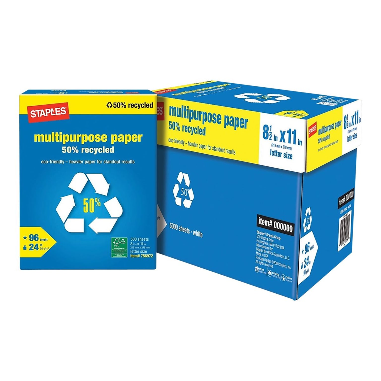 Staples 50% Recycled Multipurpose Paper, 8.5 x 11, 24 lbs., White, 500 Sheets/Ream, 10 Reams/Carton (86059)