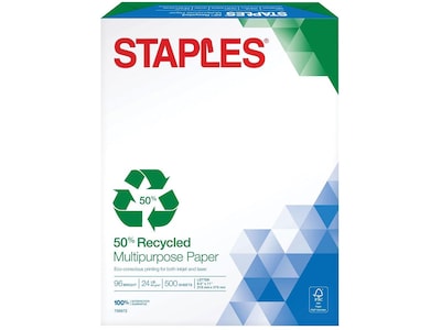 Staples 50% Recycled 8.5 x 11 Multipurpose Paper, 24 lbs., 96 Brightness, 500/Ream (86059)