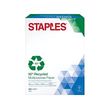 Staples 50% Recycled 8.5 x 11 Multipurpose Paper, 24 lbs., 96 Brightness, 500/Ream (86059)