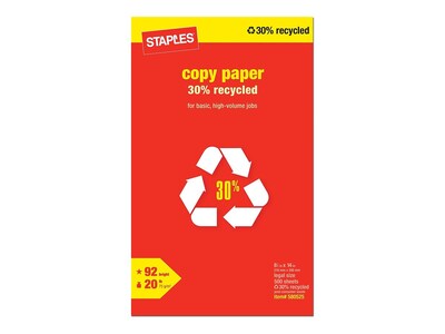 Staples 30% Recycled Copy Paper, 8.5" x 14", 20 lbs., White, 500 Sheets/Ream, 10 Reams/Carton (112380)