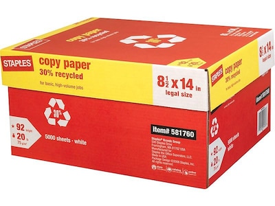 Staples 30% Recycled Copy Paper, 8.5 x 14, 20 lbs., White, 500 Sheets/Ream, 10 Reams/Carton (11238