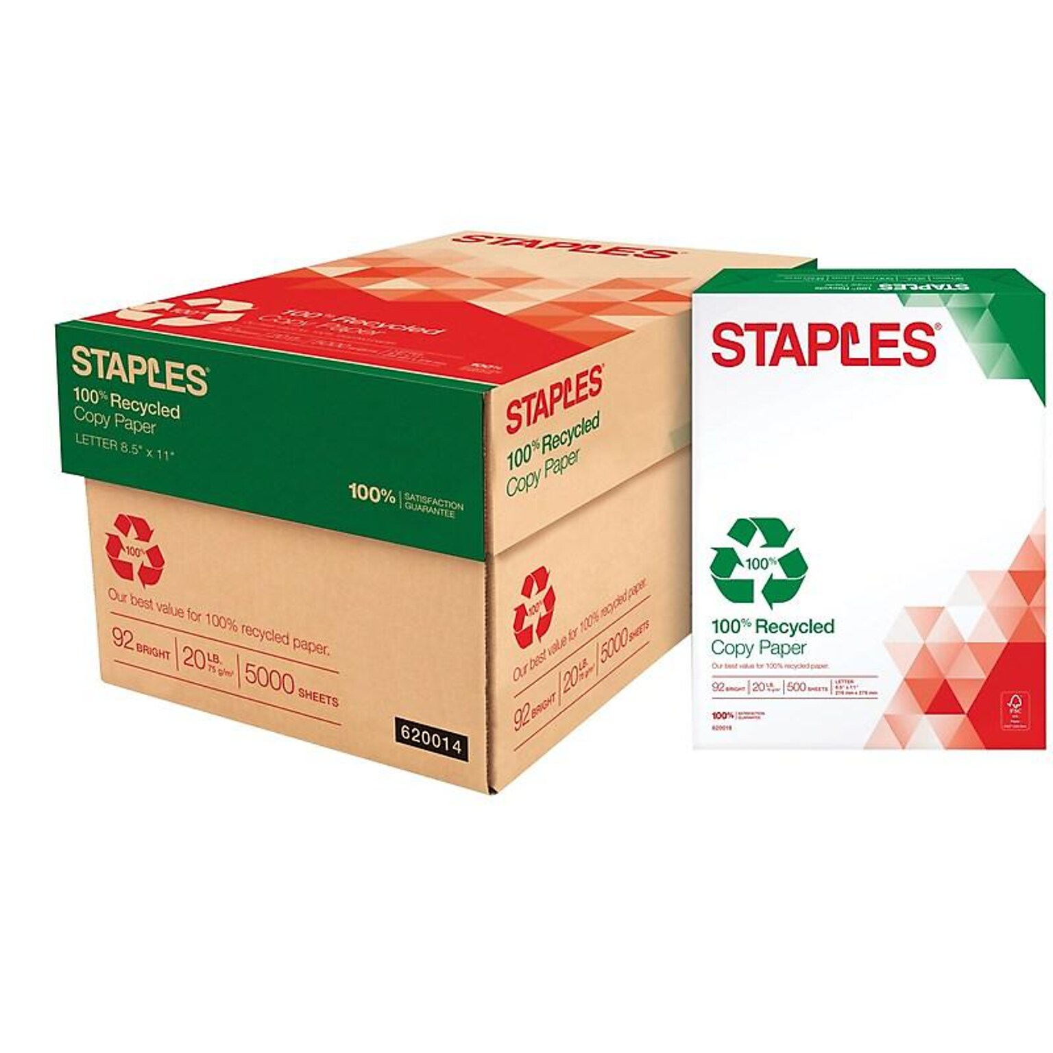 Staples Recycled Copy Paper, 8.5 x 11, 20 lbs., White, 500 Sheets/Ream, 10 Reams/Carton (620014)