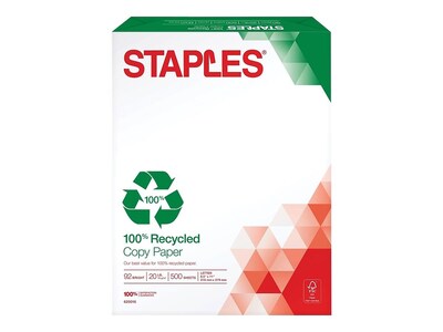 Staples 100% Recycled 8.5" x 11" Copy Paper, 20 lbs., 92 Brightness, 500/Ream (620016)