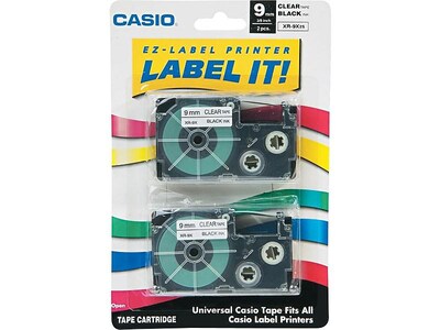 Casio XR-9X2S Label Maker Tapes, 0.35W, Black On Clear, 2/Pack