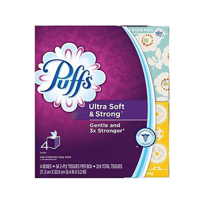 Puffs Ultra Soft & Strong Standard Facial Tissues, 2-Ply, 56 Sheets/Box, 4 Boxes/Pack (35295)