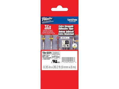 Brother P-touch TZe-S221 Laminated Extra Strength Label Maker Tape, 3/8 x 26-2/10, Black on White