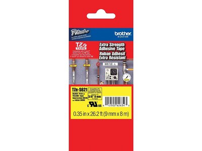 Brother P-touch TZe-S621 Laminated Extra Strength Label Maker Tape, 3/8" x 26-2/10', Black on Yellow (TZe-S621)