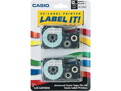 Casio XR-12WE2S Label Maker Tapes, 0.47W, Black On White, 2/Pack