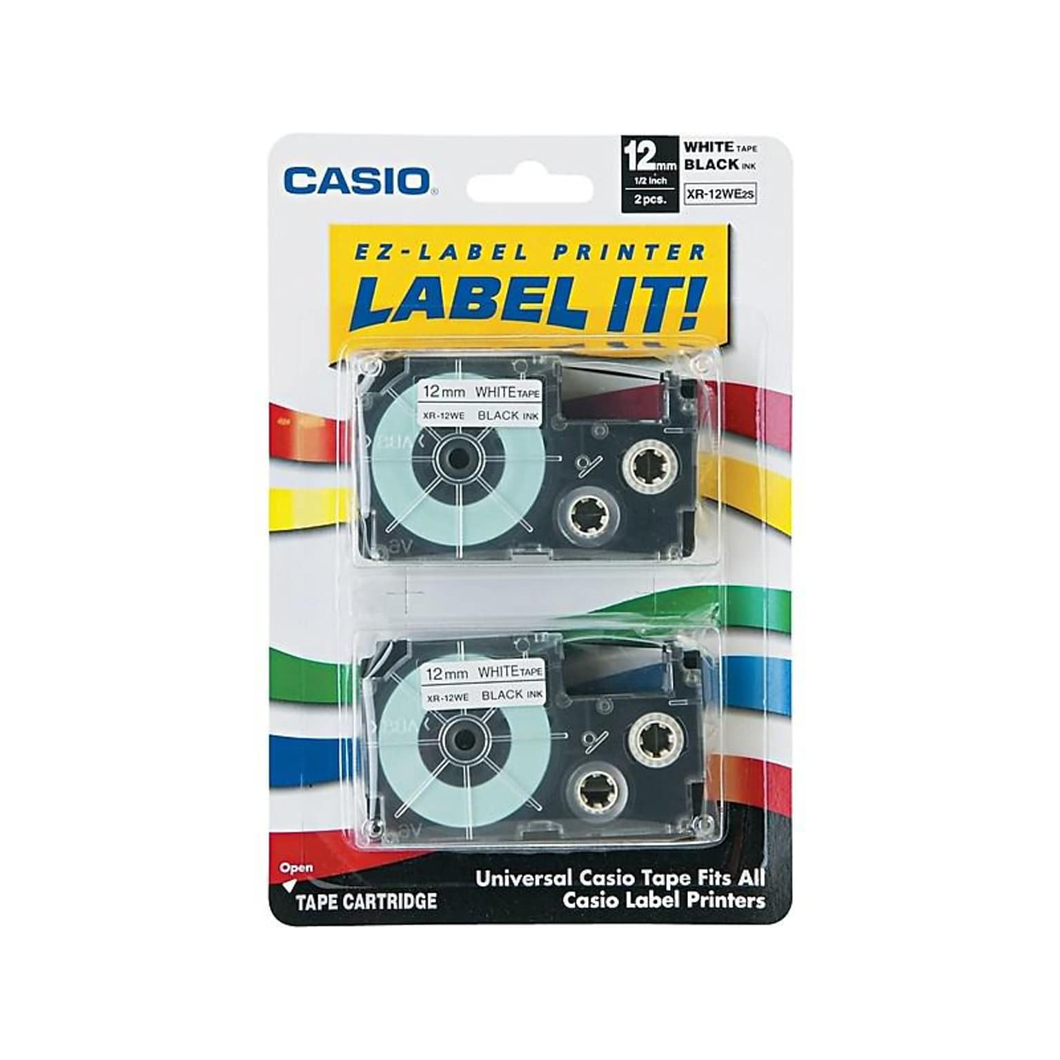 Casio XR-12WE2S Label Maker Tapes, 0.47W, Black On White, 2/Pack