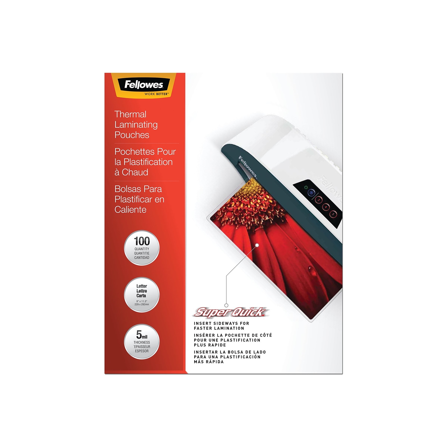 Fellowes SuperQuick Thermal Laminating Pouches, Letter Size, 5 Mil, 100/Pack (5223001)